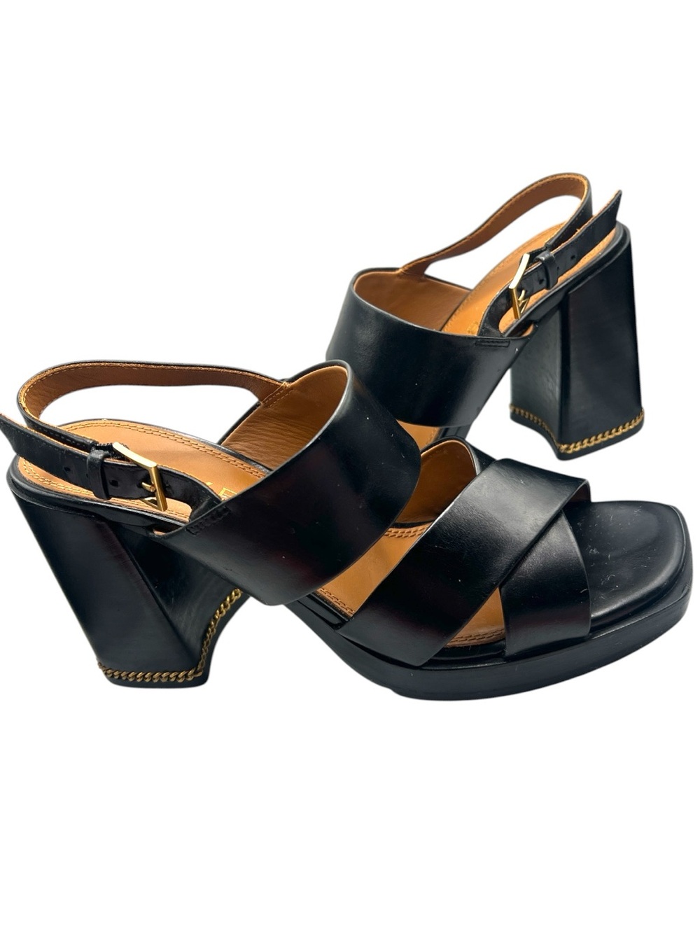 Tory Burch Ruby Chain Slingback Block Heel Sandals Black Leather Size 9 - Picture 3 of 11